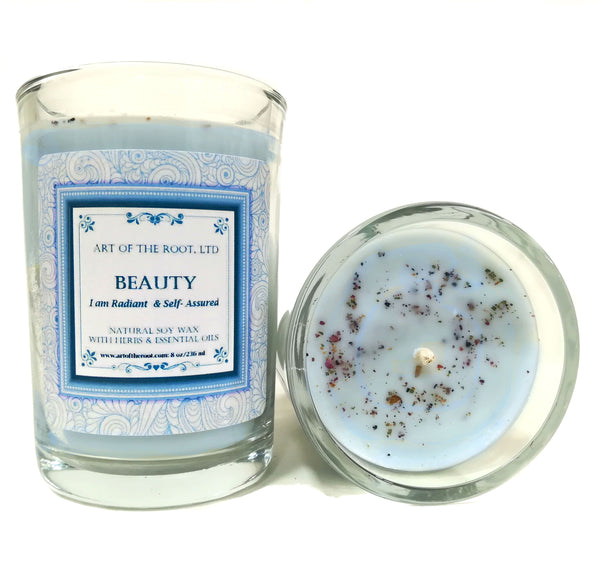 Beauty Affirmation Soy Candle for Radiance, Confidence & Self-Esteem with Herbs & Essential Oils