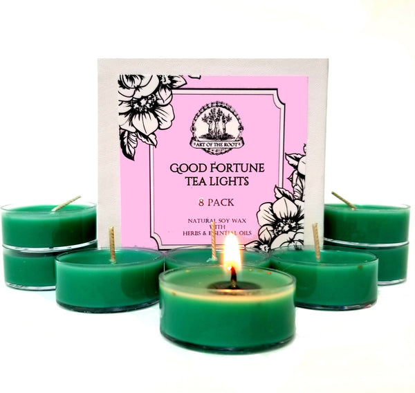 Good Fortune Soy Tea Light Candles  (8 Count) for Abundance, Prosperity, Luck, Blessings & Wishes