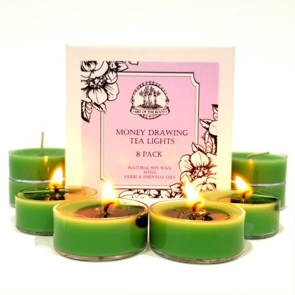 Money Drawing Soy Tea Light Candles (8 count) for Prosperity, Wealth, Cash & Financial Success